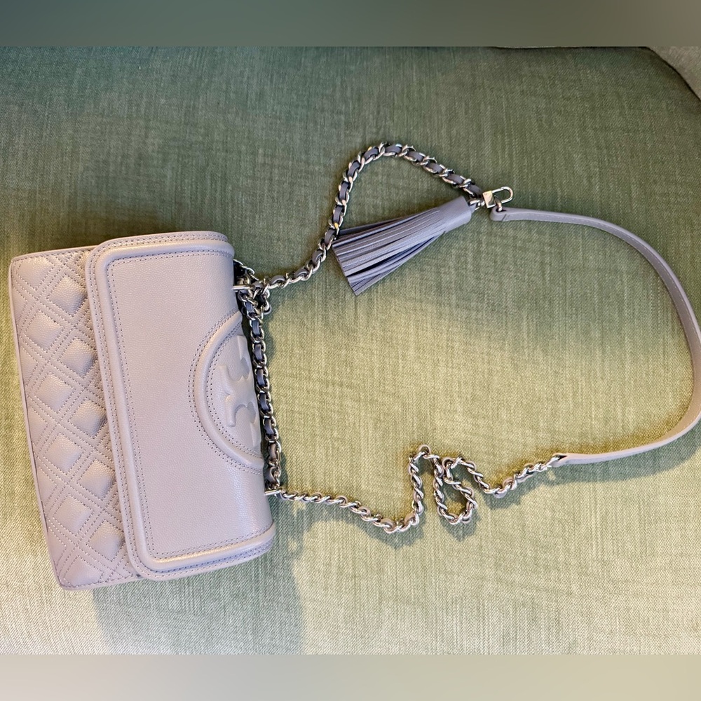 Tory Burch Light Grey Fleming Bag with Tassel and Silver Hardware